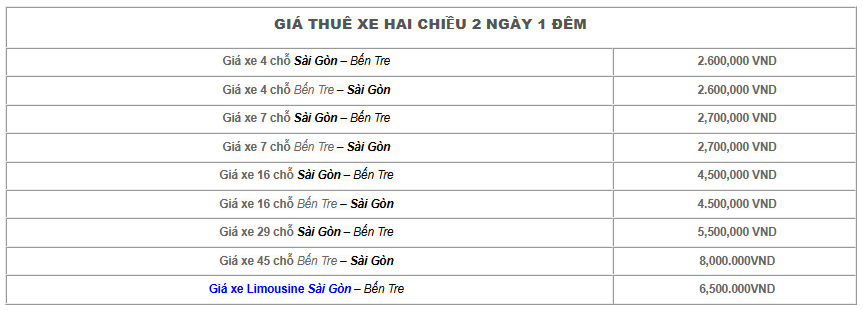 Thue xe Sai Gon Ben Tre